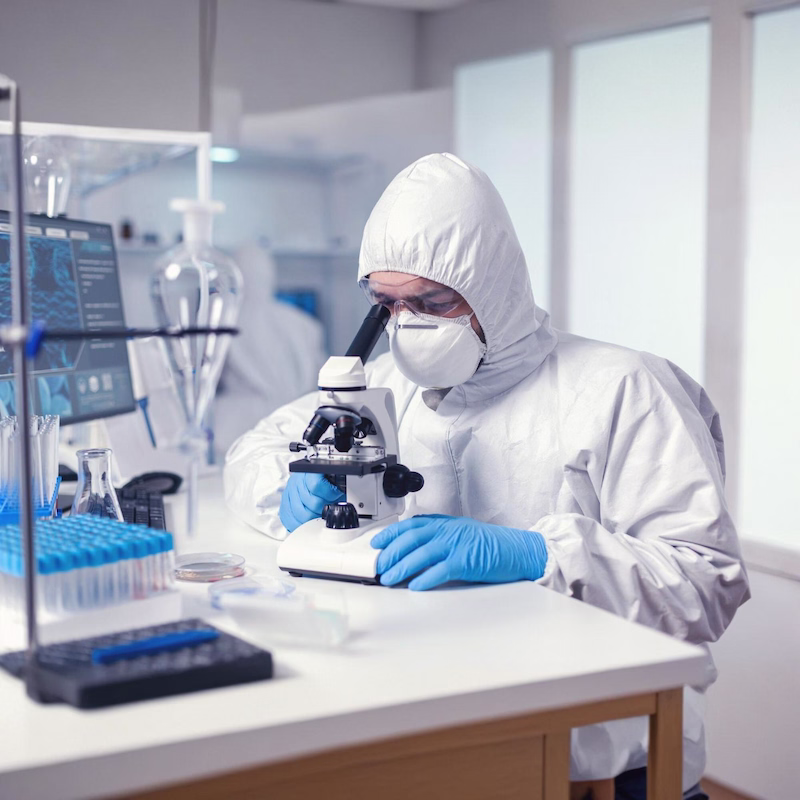 Accredited lab analyst examining a mold sample under a microscope